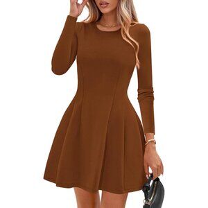 Long Sleeve Caramel Mini Dress Women Fall 2025 Crewneck Line Babydoll Casual